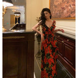 Niulatu A Line Straps Sleeveless Red Floral Ruffle Chiffon Prom Dresses Birthday Outfits SD614