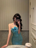 Niulatu Sheath Halter Blue Fold Long Prom Dresses Birthday Outfits SD615