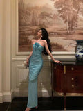 Niulatu Sheath Halter Blue Fold Long Prom Dresses Birthday Outfits SD615