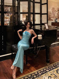 Niulatu Sheath Halter Blue Fold Long Prom Dresses Birthday Outfits SD615