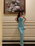 Niulatu Sheath Halter Blue Fold Long Prom Dresses Birthday Outfits SD615