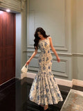 Niulatu Sheath Boat Sleeveless Blue Floral Ruffle Long Prom Dresses Birthday Outfits SD616