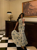 Niulatu Sheath Boat Sleeveless Blue Floral Ruffle Long Prom Dresses Birthday Outfits SD616