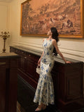 Niulatu Sheath Boat Sleeveless Blue Floral Ruffle Long Prom Dresses Birthday Outfits SD616