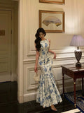 Niulatu Sheath Boat Sleeveless Blue Floral Ruffle Long Prom Dresses Birthday Outfits SD616
