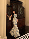 Niulatu Sheath Boat Sleeveless Blue Floral Ruffle Long Prom Dresses Birthday Outfits SD616