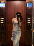Niulatu Sheath Spaghetti Straps Oil Painting Long Prom Dresses Birthday Outfits SD617