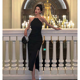 Niulatu Mermaid Halter Neckline Black Satin Slit Prom Dresses Birthday Outfits SD619