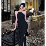 Niulatu Mermaid Halter Neckline Black Satin Slit Prom Dresses Birthday Outfits SD619