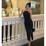 Niulatu Mermaid Halter Neckline Black Satin Slit Prom Dresses Birthday Outfits SD619
