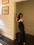 Niulatu Mermaid Strapless Sleeveless Black Ankle Length Ruffle Prom Dresses Birthday Outfits SD623