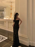 Niulatu Mermaid Spaghetti Straps Lace Long Black Prom Dresses Birthday Outfits SD624