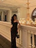 Niulatu Mermaid Spaghetti Straps Lace Long Black Prom Dresses Birthday Outfits SD624