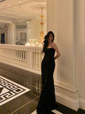 Niulatu Mermaid Spaghetti Straps Lace Long Black Prom Dresses Birthday Outfits SD624