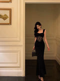Niulatu Sheath Straps Sleeveless Black Ankle Length Lace Prom Dresses Birthday Outfits SD625