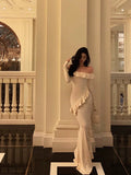 Niulatu Mermaid Off The Shoulder White Long Sleeves Ankle Length Ruffle Prom Dresses Birthday Outfits SD626