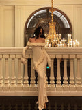 Niulatu Mermaid Off The Shoulder White Long Sleeves Ankle Length Ruffle Prom Dresses Birthday Outfits SD626