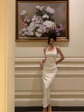 Niulatu Sheath Halter Sleeveless White Tea Length Prom Dresses Birthday Outfits SD630