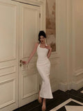 Niulatu Sheath Halter Sleeveless White Tea Length Prom Dresses Birthday Outfits SD630