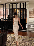Niulatu Sheath Halter Sleeveless White Tea Length Prom Dresses Birthday Outfits SD630