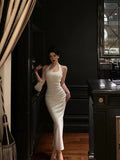 Niulatu Sheath Halter Sleeveless White Tea Length Prom Dresses Birthday Outfits SD630