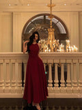 Niulatu A Line Boat Neckline Sleeveless Burgundy Ankle Length Prom Dresses Birthday Outfits SD632