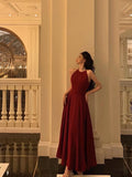 Niulatu A Line Boat Neckline Sleeveless Burgundy Ankle Length Prom Dresses Birthday Outfits SD632