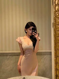 Niulatu Sheath V Neckline Short Sleeves Pink Tea Length Prom Dresses Birthday Outfits SD634