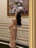Niulatu Sheath V Neckline Short Sleeves Pink Tea Length Prom Dresses Birthday Outfits SD634