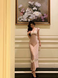 Niulatu Sheath V Neckline Short Sleeves Pink Tea Length Prom Dresses Birthday Outfits SD634
