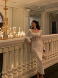 Niulatu Sheath Long Sleeves White Tea Length Prom Dresses Birthday Outfits SD636