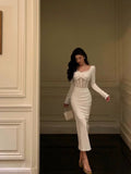 Niulatu Sheath Long Sleeves White Tea Length Prom Dresses Birthday Outfits SD636