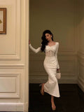 Niulatu Sheath Long Sleeves White Tea Length Prom Dresses Birthday Outfits SD636