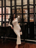 Niulatu Sheath Long Sleeves White Tea Length Prom Dresses Birthday Outfits SD636