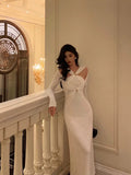 Niulatu Mermaid Halter Long Sleeves Date Night Dress White Prom Dresses Birthday Outfits SD637