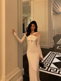 Niulatu Mermaid Halter Long Sleeves Date Night Dress White Prom Dresses Birthday Outfits SD637