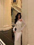 Niulatu Mermaid Halter Long Sleeves Date Night Dress White Prom Dresses Birthday Outfits SD637