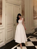 Niulatu A Line Straps Sleeveless White Tea Length Prom Dresses Birthday Outfits SD640