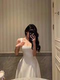 Niulatu A Line Straps Sleeveless White Tea Length Prom Dresses Birthday Outfits SD640
