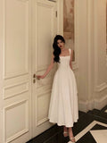 Niulatu A Line Straps Sleeveless White Tea Length Prom Dresses Birthday Outfits SD640