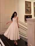 Niulatu A Line Straps Sleeveless White Tea Length Prom Dresses Birthday Outfits SD640
