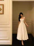 Niulatu A Line Straps Sleeveless White Tea Length Prom Dresses Birthday Outfits SD640