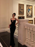 Niulatu Sheath Spaghetti Straps Sleeveless Black Floor Length Prom Dresses Birthday Outfits SD643