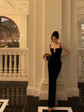 Niulatu Sheath Spaghetti Straps Sleeveless Black Floor Length Prom Dresses Birthday Outfits SD643