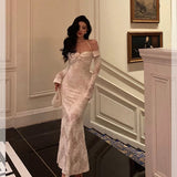 Niulatu Mermaid V Neckline Long Sleeves Date Night Dress White Lace Prom Dresses Birthday Outfits SD644
