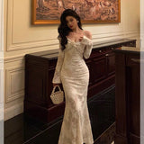 Niulatu Mermaid V Neckline Long Sleeves Date Night Dress White Lace Prom Dresses Birthday Outfits SD644