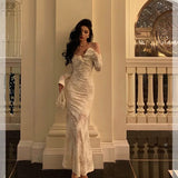 Niulatu Mermaid V Neckline Long Sleeves Date Night Dress White Lace Prom Dresses Birthday Outfits SD644