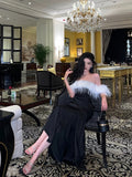 Niulatu Sheath Off The Shoulder Short Sleeves Black Slit Satin Prom Dresses Birthday Outfits SD646