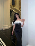 Niulatu Sheath Off The Shoulder Short Sleeves Black Slit Satin Prom Dresses Birthday Outfits SD646