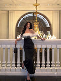 Niulatu Sheath Off The Shoulder Short Sleeves Black Slit Satin Prom Dresses Birthday Outfits SD646